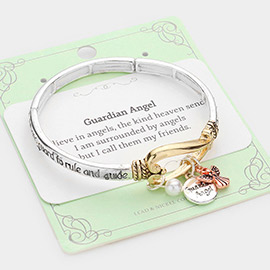 Guardian Angel Heart Accented Pearl Charm Stretch Bracelet