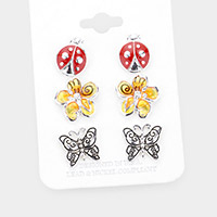 3Pairs - Enamel Ladybug Flower Metal Butterfly Stud Earrings