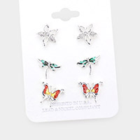 3Pairs - Rhinestone Embellished Flower Enamel Dragonfly Butterfly Stud Earrings
