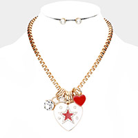 Star Centered Enamel Heart Round Stone Pendant Necklace