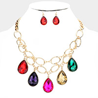Teardrop Stone Accented Open Metal Oval Link Evening Necklace