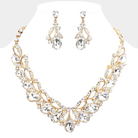 Teardrop Accented Stone Embellished Leaf Evening Necklace