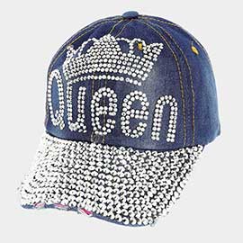 Studded Queen Message Denim Baseball Cap