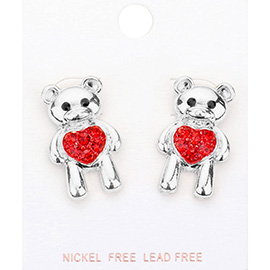 Stone Embellished Heart Metal Bear Earrings