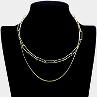 Open Metal Oval Chain Double Layered Bib Necklace