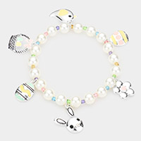 Enamel Easter Bunny Egg Bird Flower Charm Pearl Stretch Bracelet