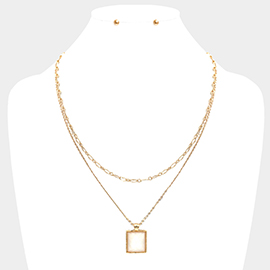 Glittered Rectangle Pendant Double Layered Necklace
