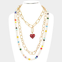 Heart Pendant Accented  Pearl Resin Beaded Triple Layered Necklace