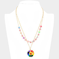 Enamel Smile Pendant Flower Patterned Beaded Double Layered Necklace