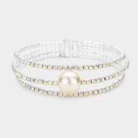 Pearl Accented Split Rhinestone Evening Cuff Bracelet