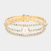 Pearl Accented Split Rhinestone Evening Cuff Bracelet