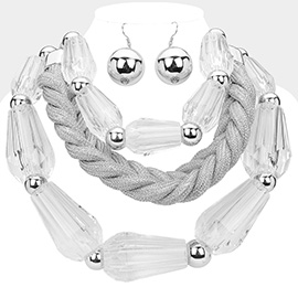 Chunky Lucite Bead Braided Cord Triple Layered Bib Necklace