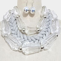 Chunky Lucite Bead Braided Cord Triple Layered Bib Necklace