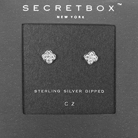 SECRET BOX_Sterling Silver Dipped CZ Stone Paved Quatrefoil Stud Earrings