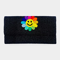 Smile Flower Accented Seed Beaded Clutch / Crossbody Bag