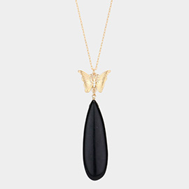 Butterfly Natural Stone Teardrop Link Pendant Long Necklace