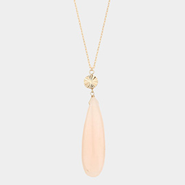 Textured Metal Round Natural Stone Teardrop Link Pendant Long Necklace