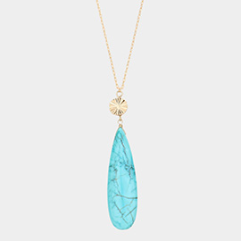 Textured Metal Round Natural Stone Teardrop Link Pendant Long Necklace