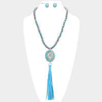Turquoise Accented Antique Metal Squash Blossom Suede Tassel Link Long Necklace