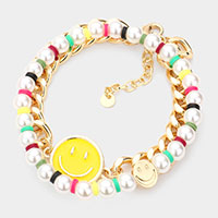 2PCS - Smile Accented Metal Chain Pearl Bracelets