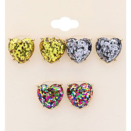 3Pairs - Glittered Heart Stud Earrings
