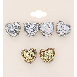 3Pairs - Glittered Heart Stud Earrings