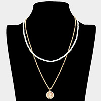 Rhinestone Evil Eye Heart Horseshoe Accented Metal Round Pendant Pearl Double Layered Necklace