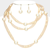 Pearl Accented Triple Layered Mesh Bib Necklace