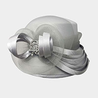 Floral Bling Stone Pointed Bow Accented Dressy Hat