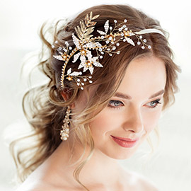 Flower Seed Beaded Leaf Accented Bun Wrap Headpiece / Necklace