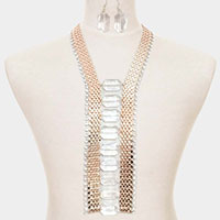 Octagon Lucite Accented Rhinestone Trimmed Metal Necklace