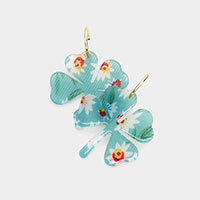 Flower Patterned Resin Clover Dangle Earrings