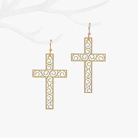 Brass Metal Filigree Cross Dangle Earrings