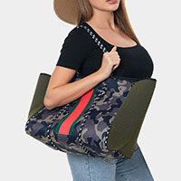 2PCS - Color Block Camouflage Patterned Beach Tote Bag and Mini Pouch Bag Set