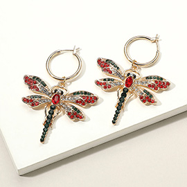 Metal Hoop Rhinestone Embellished Dragonfly Dangle Pin Catch Earrings