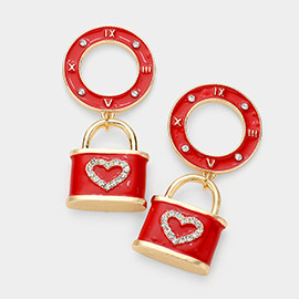 Stone Embellished Enamel Roman Numerals Heart Lock Link Dangle Earrings