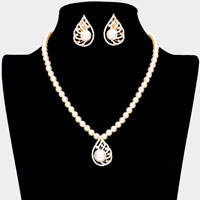 Pearl Accented Rhinestone Embellished Teardrop Necklace Clip on Earrings Set