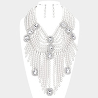 Stone Accented Pearl Fringe Statement Necklace