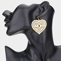 MOM Message Brass Metal Heart Dangle Earrings