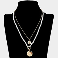 Metal Coin North Star Accented Disc Pendant Double Layered Pearl Necklace
