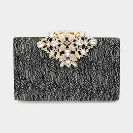 Floral Stone Embellished Glittered Evening Clutch / Crossbody Bag