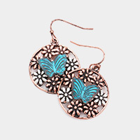 Butterfly Accented Flower Cluster Metal Round Dangle Earrings