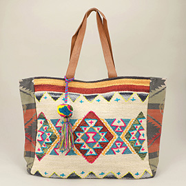 Boho Patterned Pom Pom Tassel Shoulder Bag