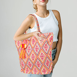 Handwoven Boho Geometric Embroidery Tote Bag