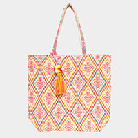 Boho Geometric Embroidery Tote Bag with Detachable Pom Tassel