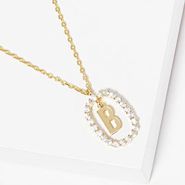 -B- Gold Dipped Metal Monogram Rhinestone Oval Link Pendant Necklace