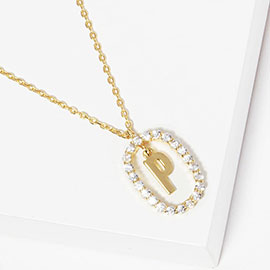 -P- Gold Dipped Metal Monogram Rhinestone Oval Link Pendant Necklace