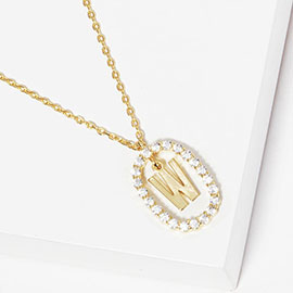-W- Gold Dipped Metal Monogram Rhinestone Oval Link Pendant Necklace