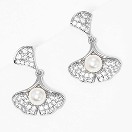 Pearl Accented CZ White Gold Dipped Ginkgo Leaf Dangle Earrings