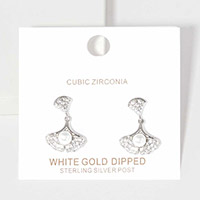 Pearl Accented CZ White Gold Dipped Ginkgo Leaf Dangle Earrings